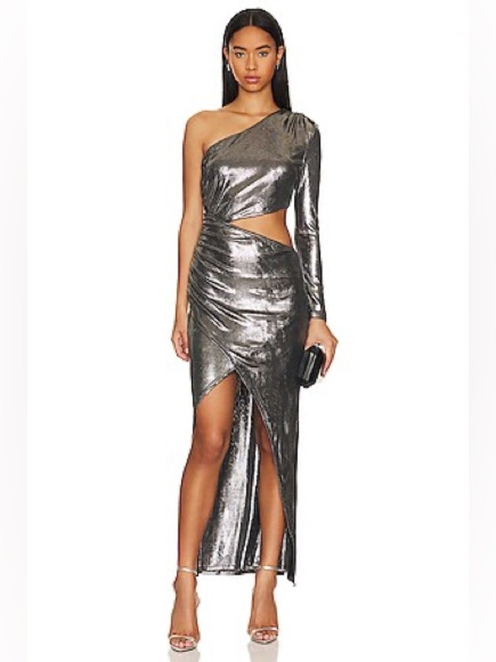 Karina Grimaldi One-Shoulder Cutout Maxi Tara Dress in Silver Sz Small Revolve